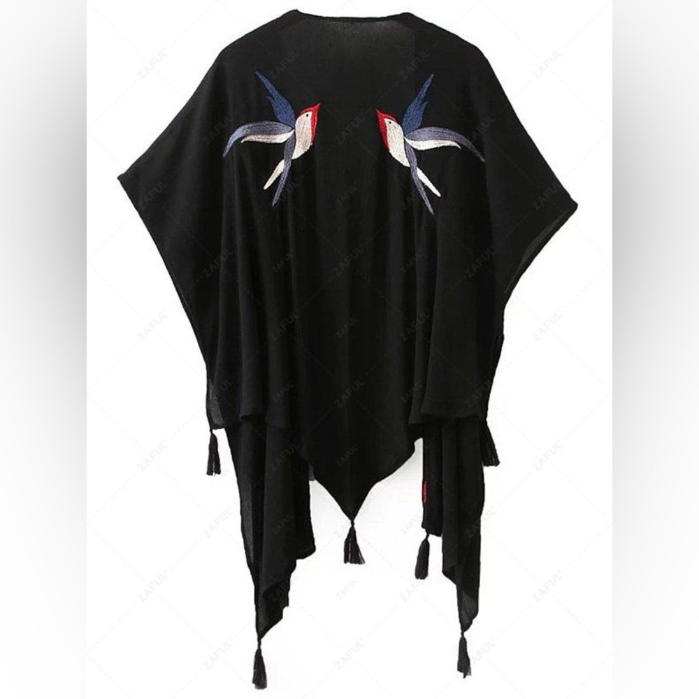 Urban Outfitters Kimchi Blue Embroidered Bird Kimono Shawl Wrap with Tassels